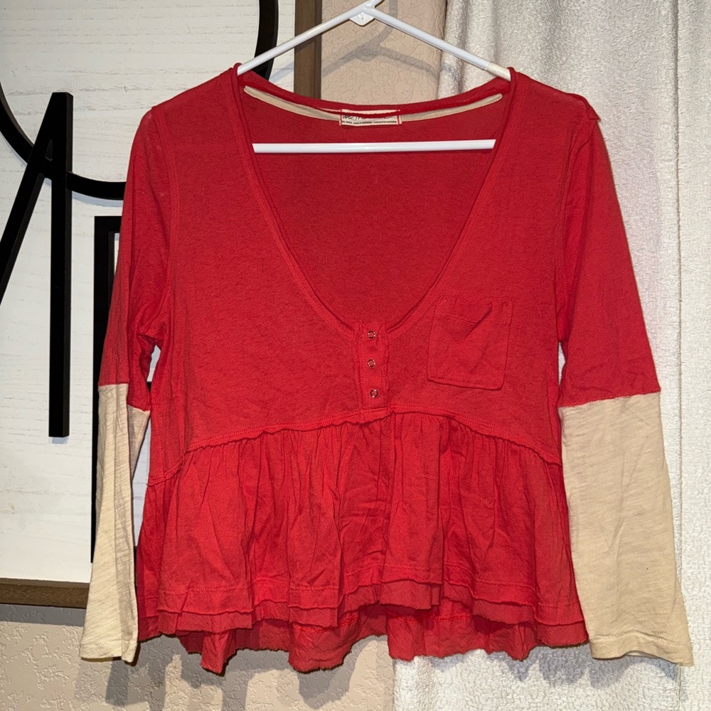 We the‎ Free People 3/4 Blouse Heart of Mine Cotton Flounce-Hem Colorblock